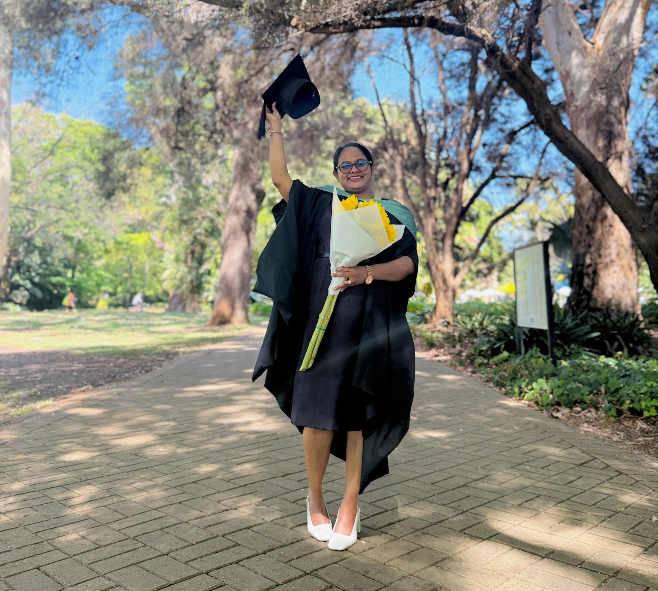 Gayathri photographed on her graduation day in Australia.